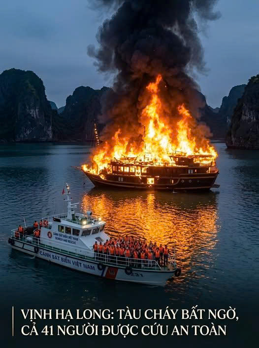 Tàu du lịch chở 41 người b/ốc ch/áy giữa vịnh Hạ Long, toàn bộ hành khách may mắn thoát nạn